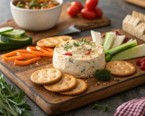 Finished smoked cream cheese served with crackers and vegetables.