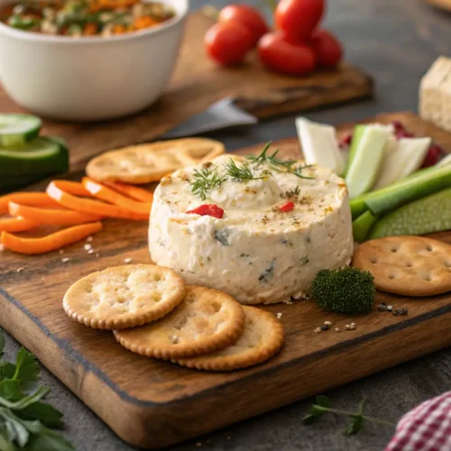 Finished smoked cream cheese served with crackers and vegetables.