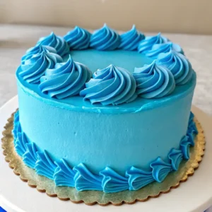decorated cake with smooth blue frosting.