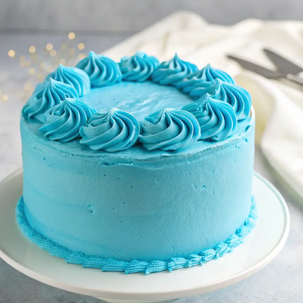 A beautifully decorated cake with smooth blue frosting.