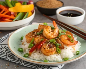 A delicious shrimp dish served over jasmine rice with vegetables.