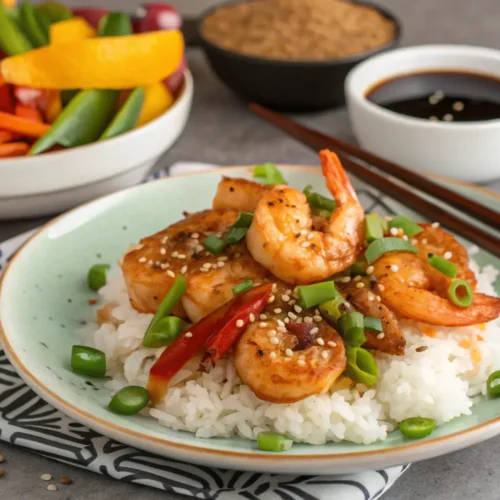 A delicious shrimp dish served over jasmine rice with vegetables.