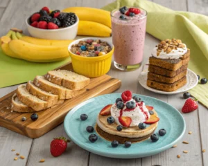 Creative serving ideas for overripe banana dishes including banana bread with yogurt and pancakes with berries.