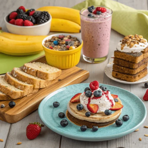 Creative serving ideas for overripe banana dishes including banana bread with yogurt and pancakes with berries.