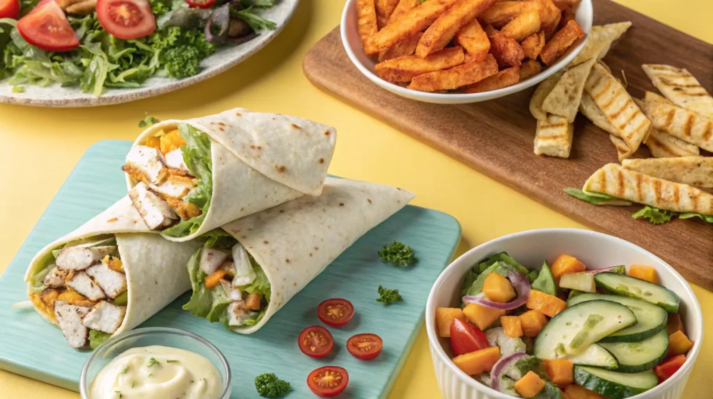 Serving suggestions for Cheesy Garlic Chicken Wraps.