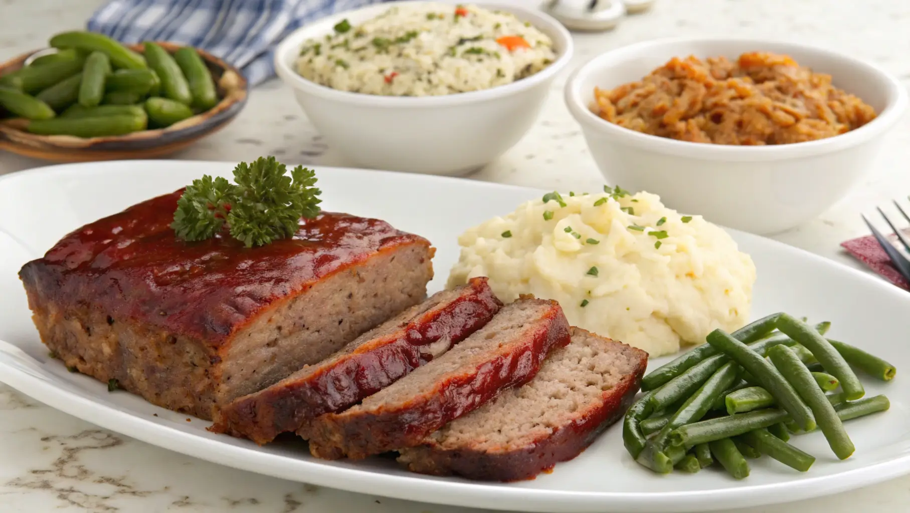 A colorful display of serving suggestions for smoked meatloaf, including mashed potatoes, salad, and barbecue sauce.
