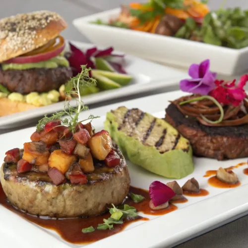 A variety of delicious dishes made with ground bison, including burgers, meatballs, and tacos.