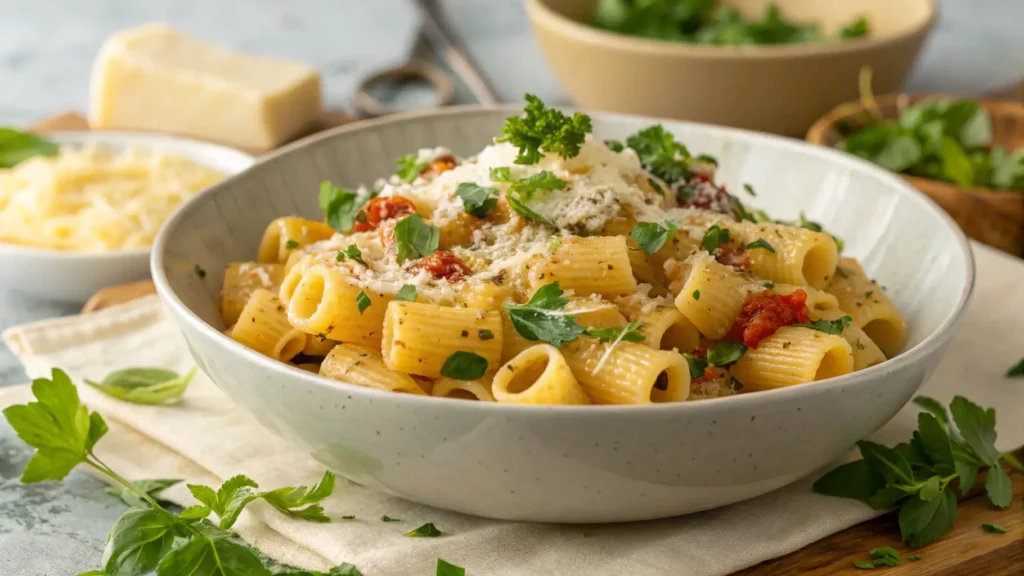 A bowl of ditalini pasta topped with Parmesan cheese and fresh herbs.