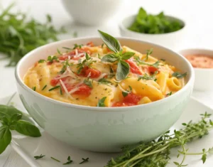 A delicious Velveeta dish served in a bowl, garnished with herbs.