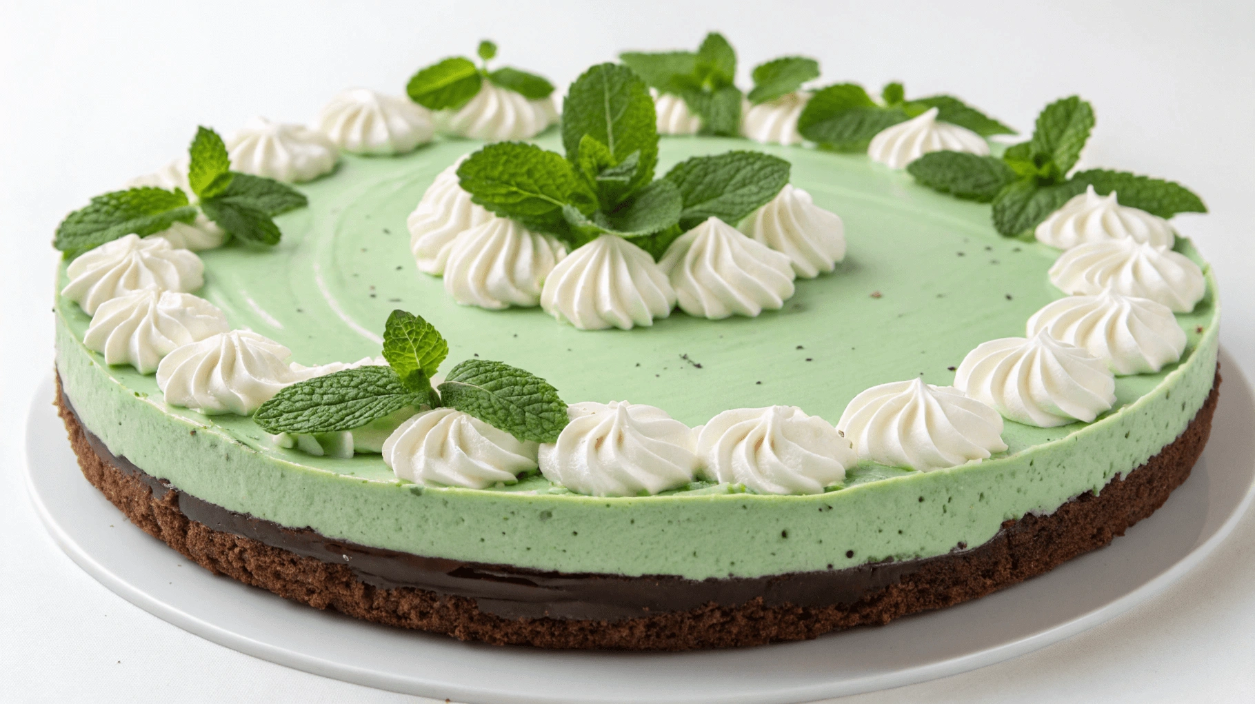 Finished mint chocolate cheesecake pie with a no-bake twist, garnished beautifully.