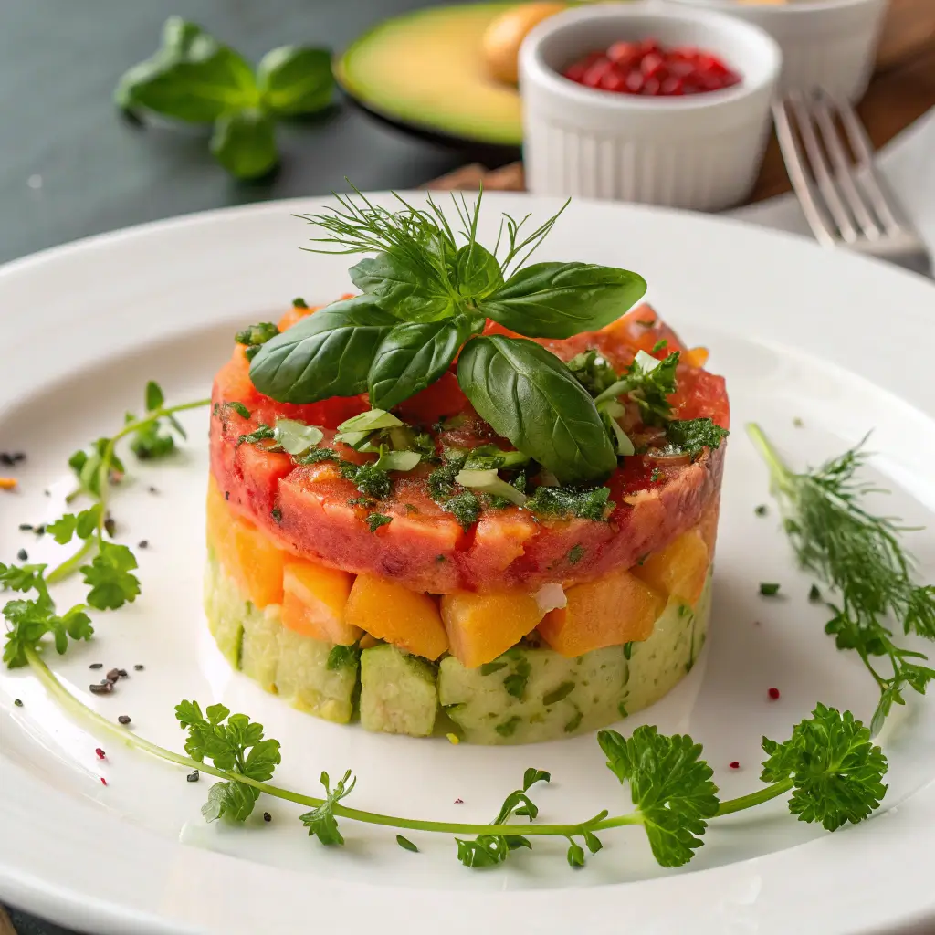 Create a visually appealing image of a finished Natural Mounjaro dish, beautifully plated with vibrant colors and garnished with fresh herbs.