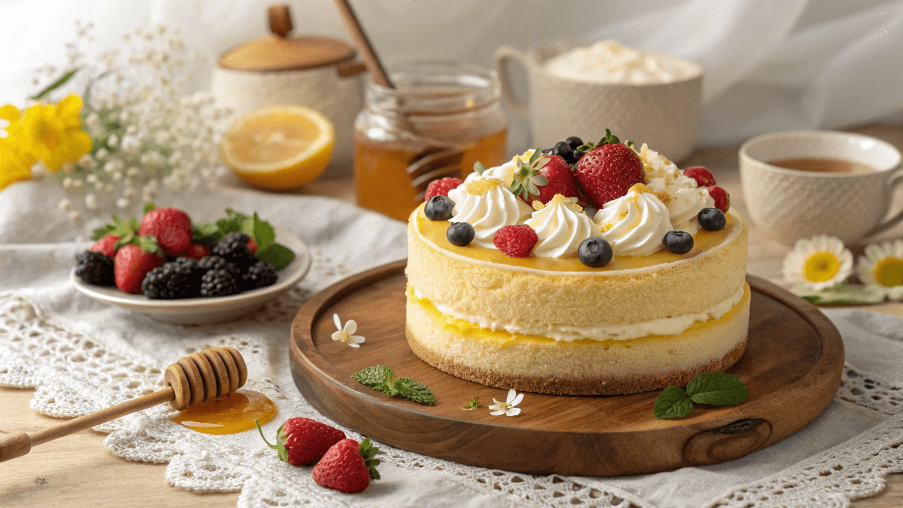 Vanilla Honey Lemon Cake served with garnishes.