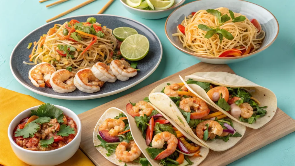 A variety of Asian shrimp dishes beautifully plated, including stir-fry and salad.