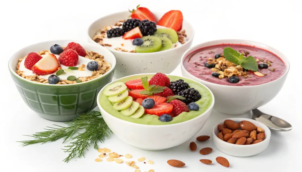 A collection of healthy dishes made with Greek yogurt, including parfaits, dips, and smoothies.