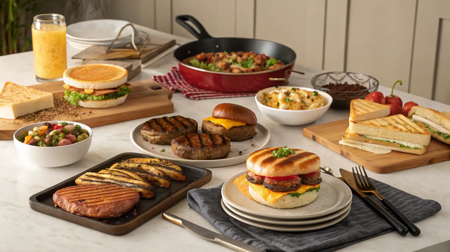 A beautifully arranged table with a variety of cooked dishes from the top 10 Blackstone recipes.