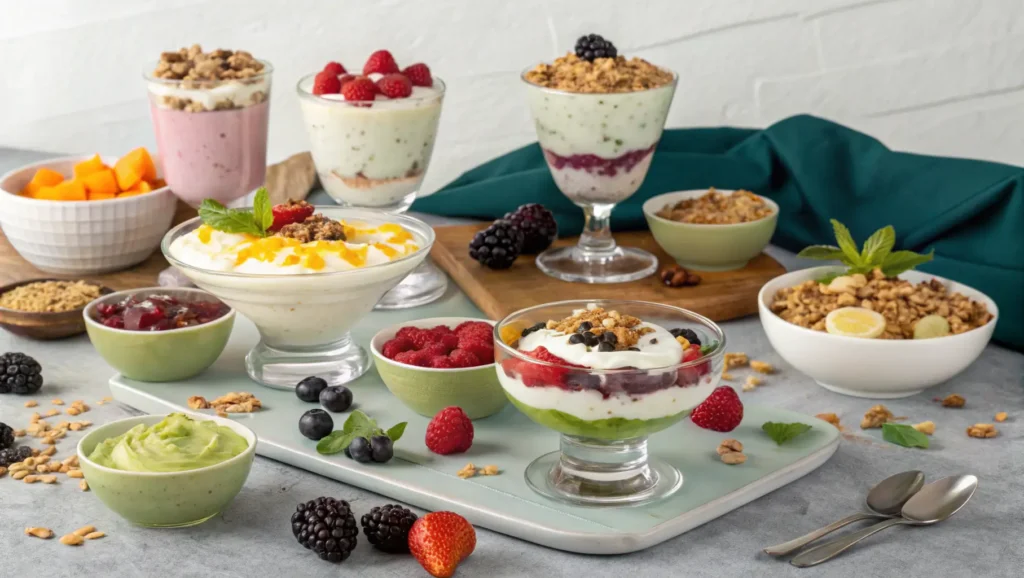 A variety of delicious dishes made with Greek yogurt, including dips, desserts, and breakfast options, beautifully arranged on a table.