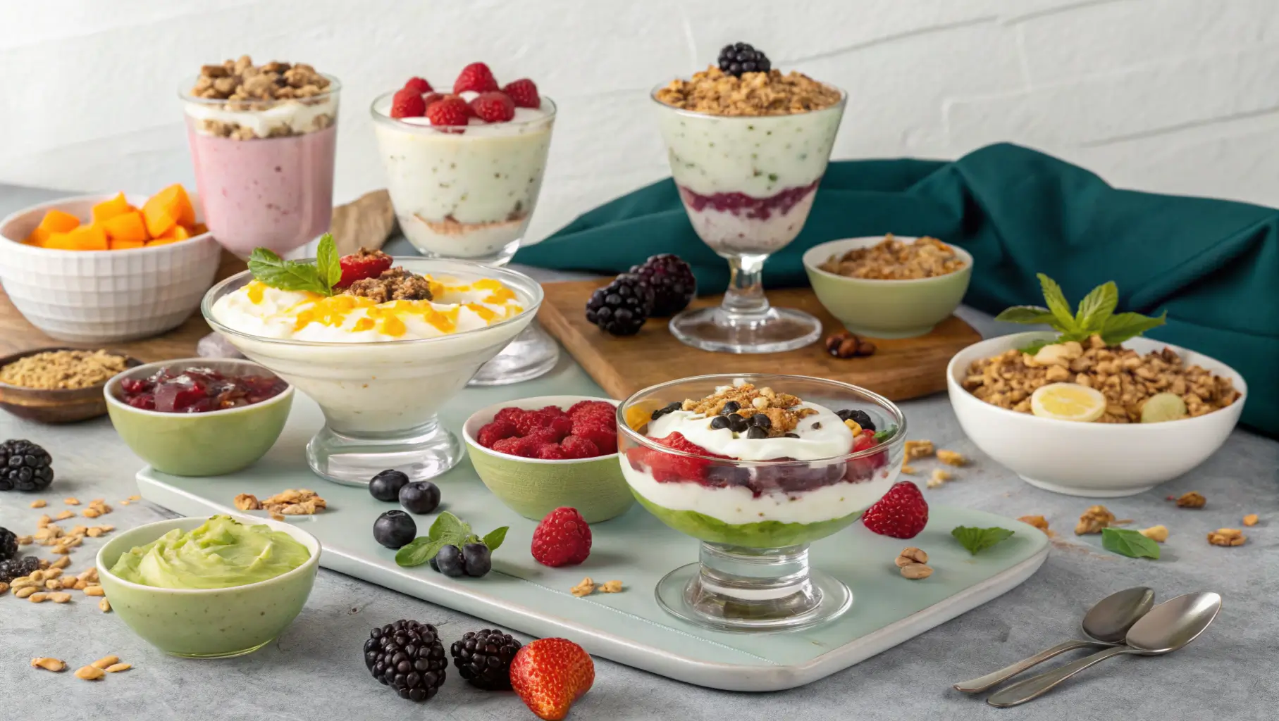 A variety of delicious dishes made with Greek yogurt, including dips, desserts, and breakfast options, beautifully arranged on a table.