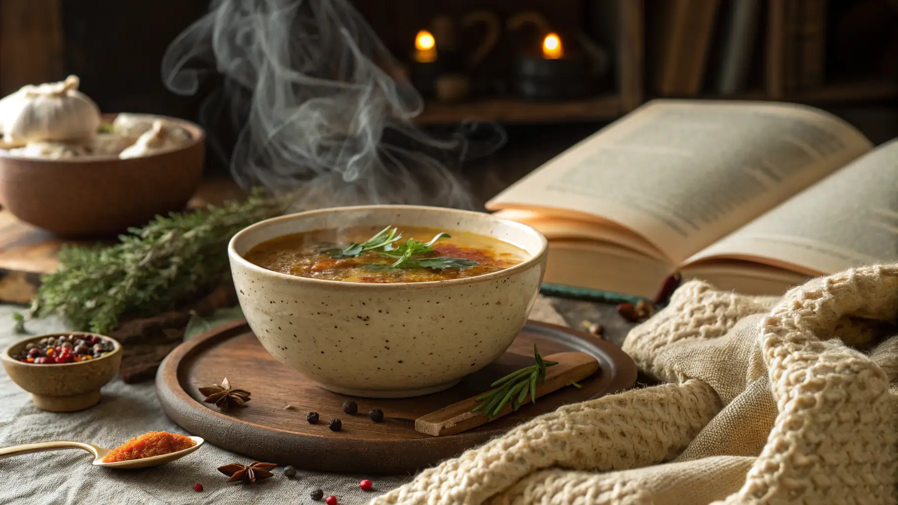 A bowl of steaming bone broth surrounded by cozy elements.