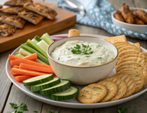 Greek yogurt ranch dip served with various snacks and serving suggestions.