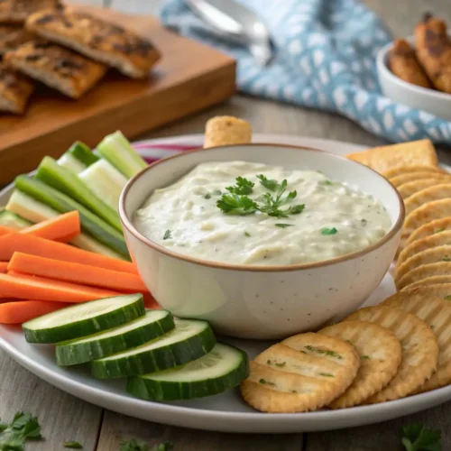 Greek yogurt ranch dip served with various snacks and serving suggestions.
