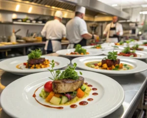 A variety of Blackstone dishes served elegantly on plates with garnishes and sides.