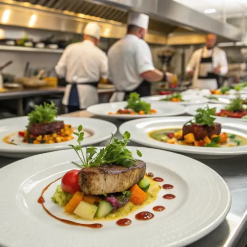 A variety of Blackstone dishes served elegantly on plates with garnishes and sides.