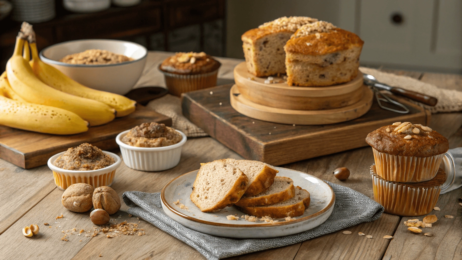 A variety of overripe banana recipes displayed on a rustic table, including banana bread, pancakes, and muffins.
