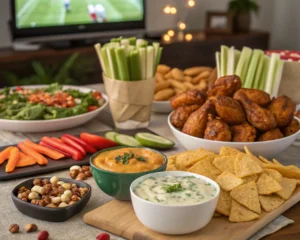 A festive game day spread with snacks and drinks.