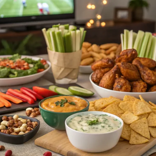 A festive game day spread with snacks and drinks.