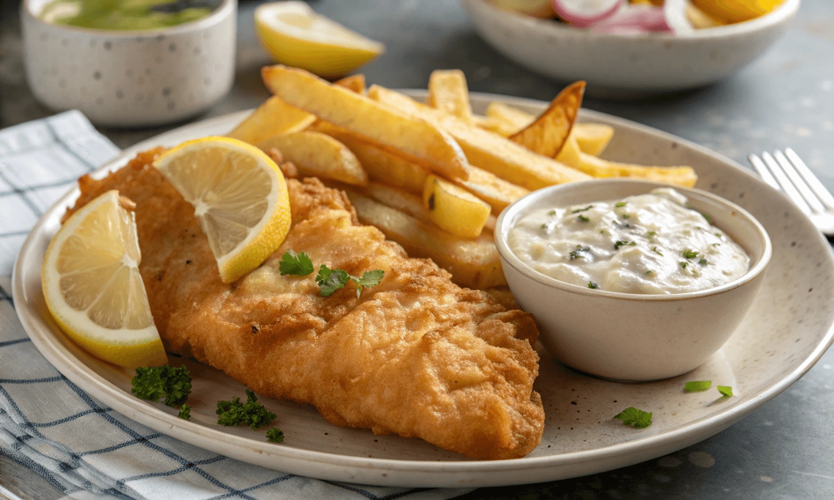 Serving suggestion for fried cod with lemon and tartar sauce.