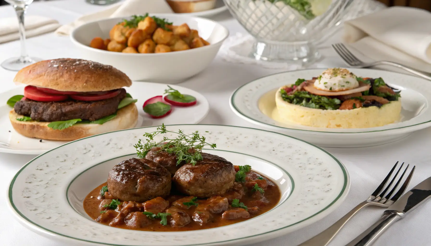 A variety of serving suggestions for ground deer meat dishes, elegantly presented.