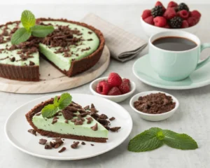 Serving suggestions for mint chocolate cheesecake pie.