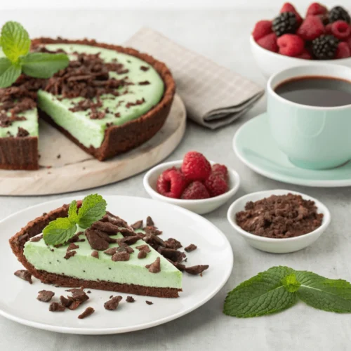 Serving suggestions for mint chocolate cheesecake pie.