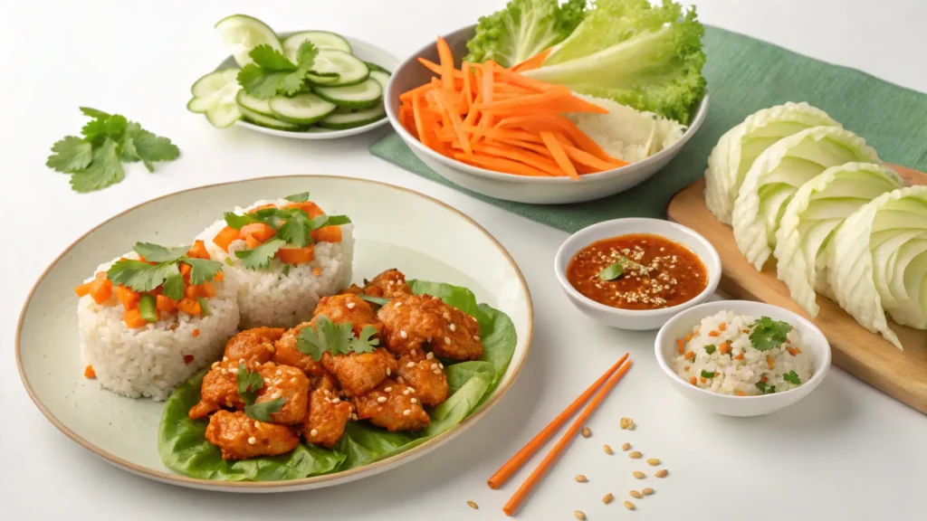 Different serving ideas for Bang Bang Chicken, including rice and lettuce wraps.