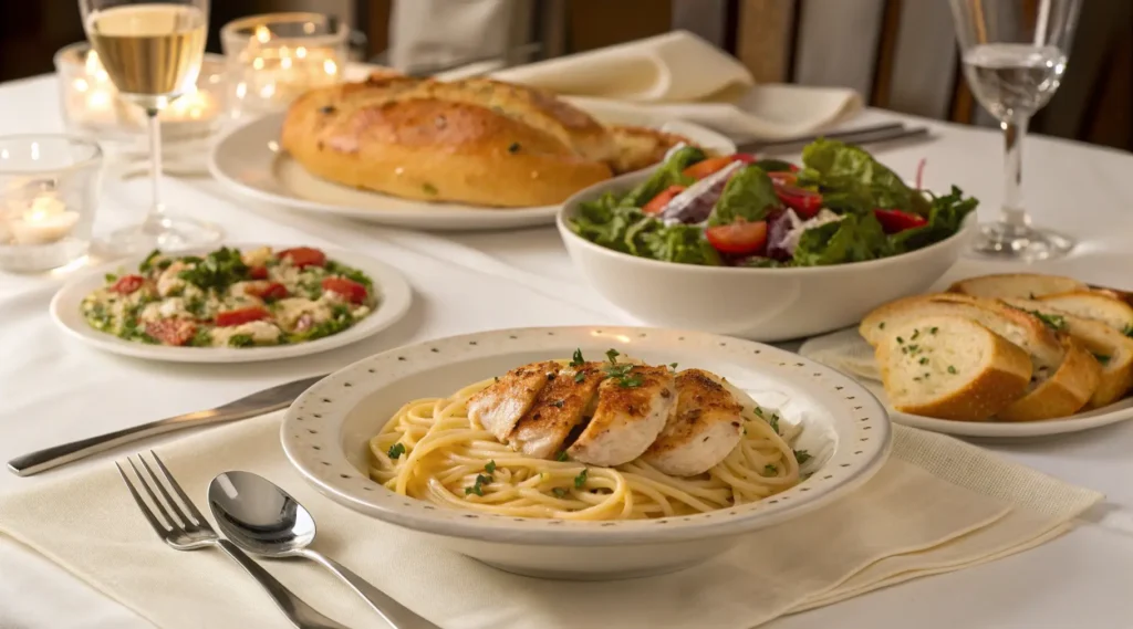 A dining table set with Rotisserie Chicken Pasta, garlic bread, and a fresh salad.