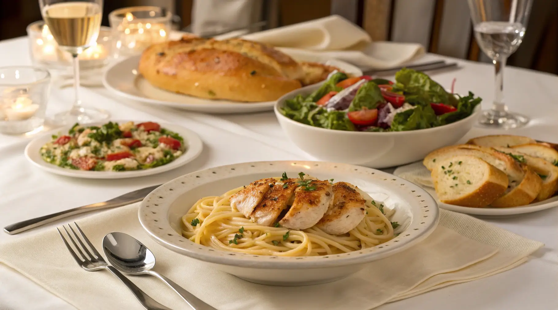 A dining table set with Rotisserie Chicken Pasta, garlic bread, and a fresh salad.