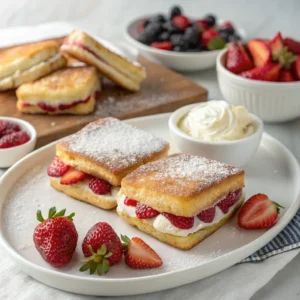Serving suggestions for Fried Strawberry Cheesecake Sandwiches with toppings and sauces.