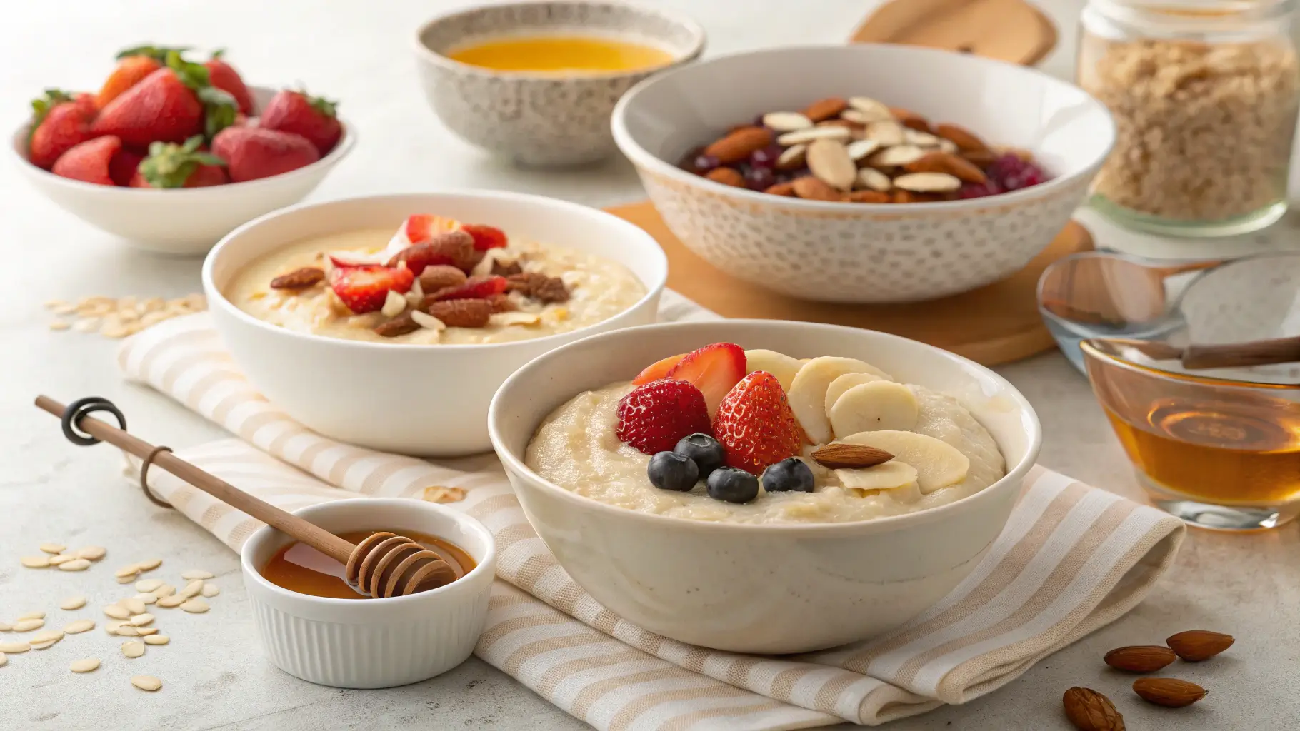 Different ways to serve Cream of Wheat with various toppings on a dining table.