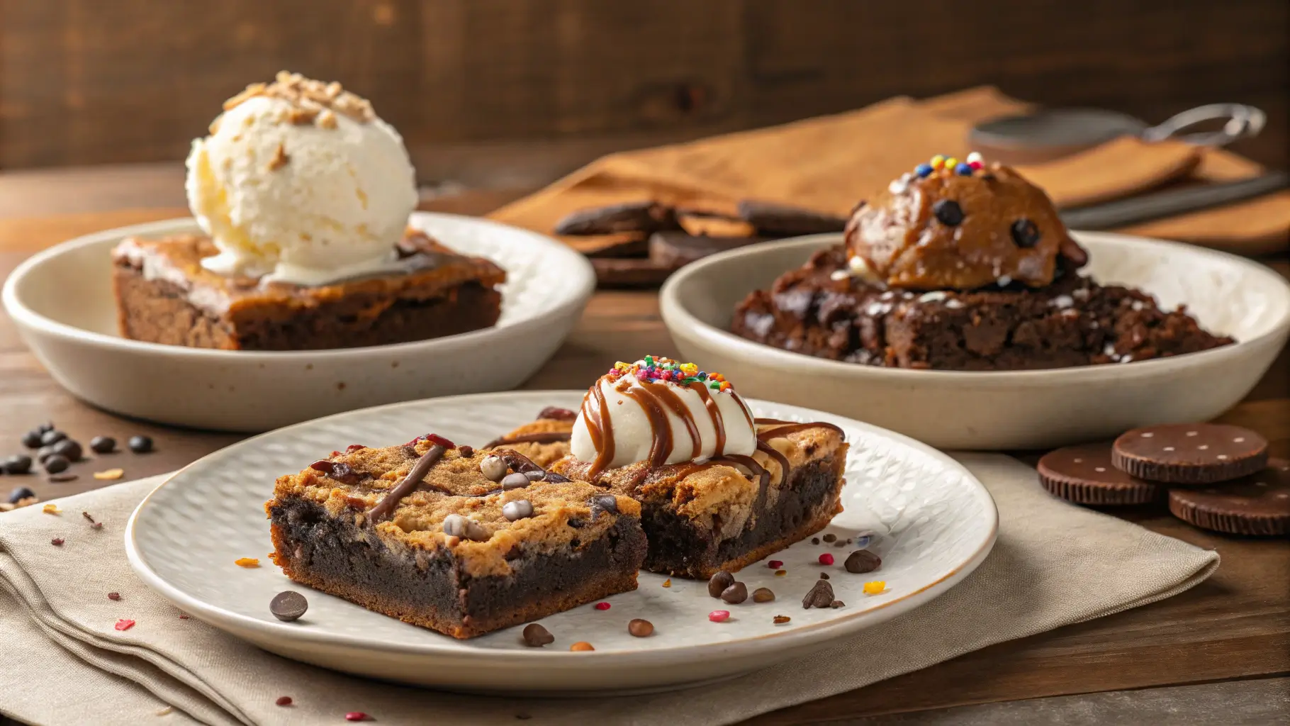 Serving suggestions for fudgy chewy brookies with ice cream and toppings.
