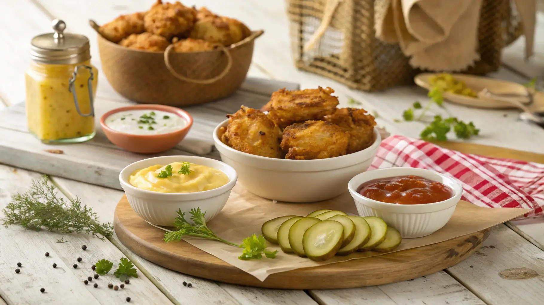 Serving suggestions for Amish onion fritters, including dips and garnishes on a rustic table.