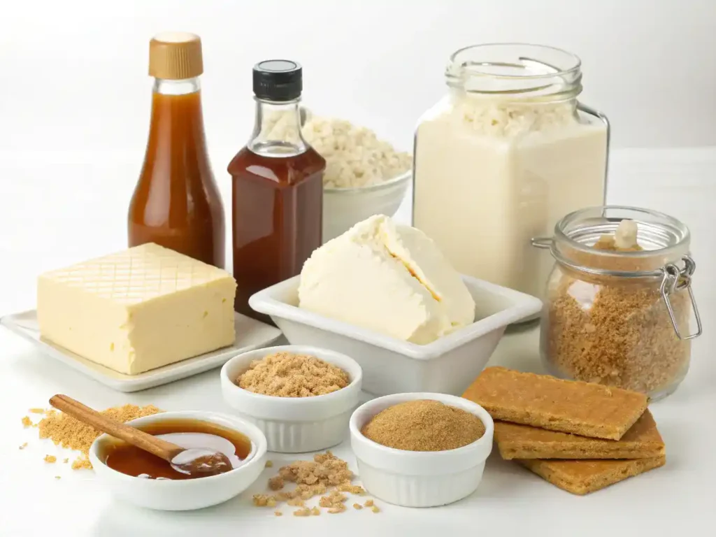 Ingredients for caramel cheesecake ice cream dessert including cream cheese, heavy cream, sugars, and caramel sauce.