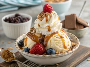 Serving suggestions for caramel cheesecake ice cream dessert with various toppings.