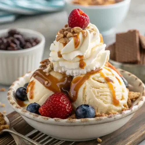 Serving suggestions for caramel cheesecake ice cream dessert with various toppings.