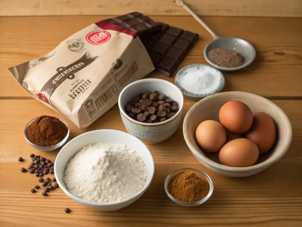 Ingredients for decadent chocolate delight cake including flour, cocoa powder, eggs, and chocolate chips.