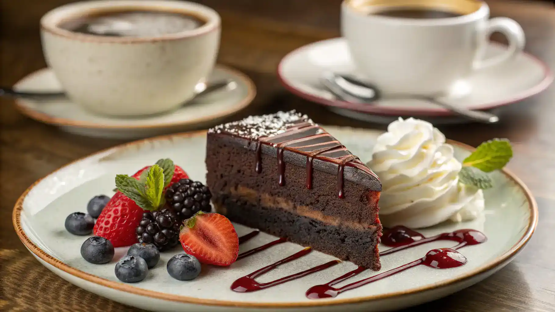 A slice of decadent chocolate delight cake served with berries and whipped cream.