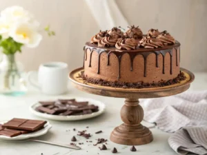 A beautifully decorated decadent chocolate delight cake with chocolate frosting and shavings.