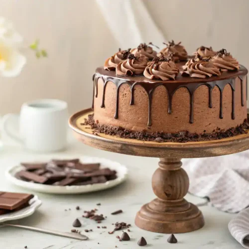 A beautifully decorated decadent chocolate delight cake with chocolate frosting and shavings.