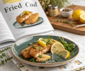 A beautifully plated dish of fried cod with lemon wedges and dipping sauces.