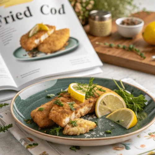 A beautifully plated dish of fried cod with lemon wedges and dipping sauces.