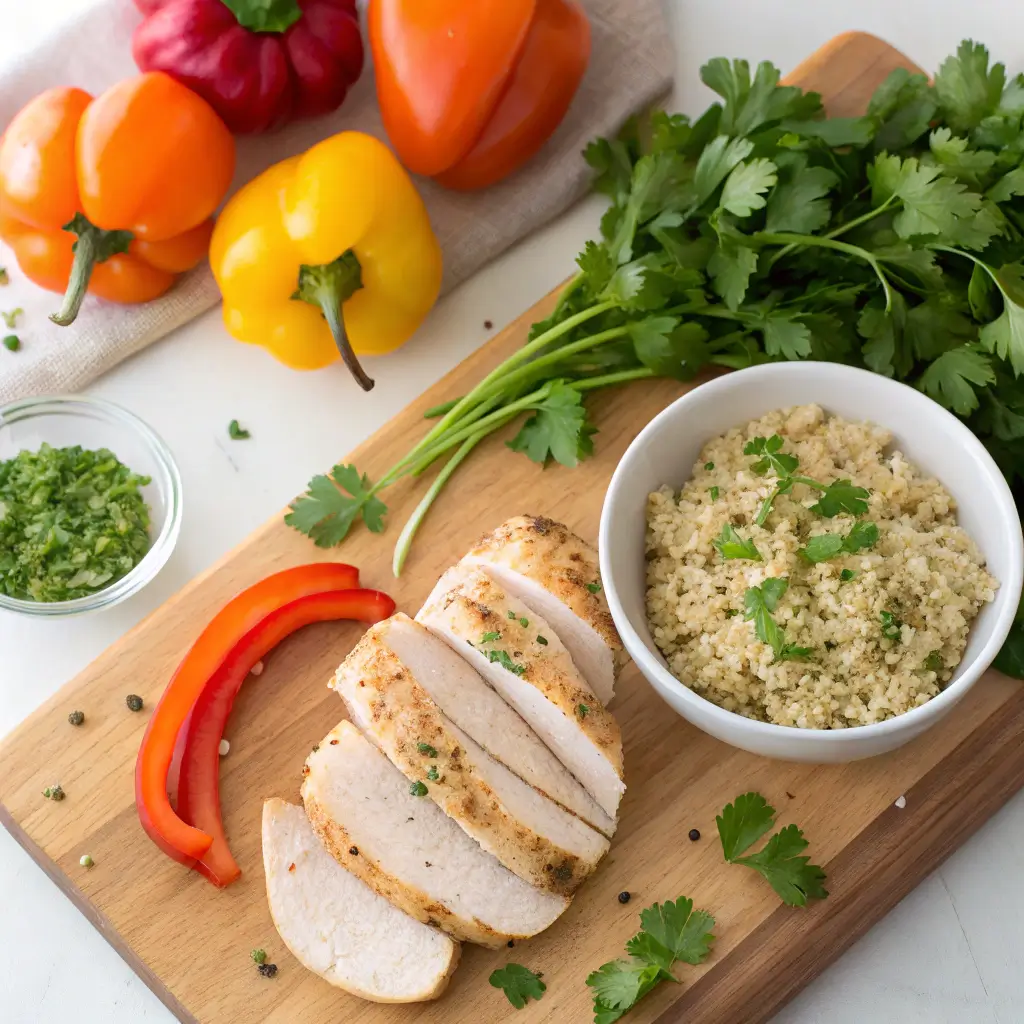 A colorful array of ingredients for a Mounjaro recipe, including chicken, quinoa, and fresh vegetables.
